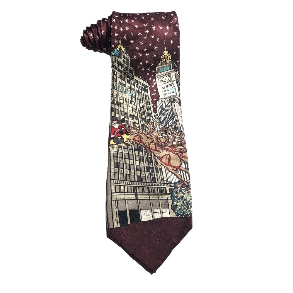 Vintage 1990s Christmas Tie Silk Woodward Chicago Santa Sleigh Reindeer Holiday